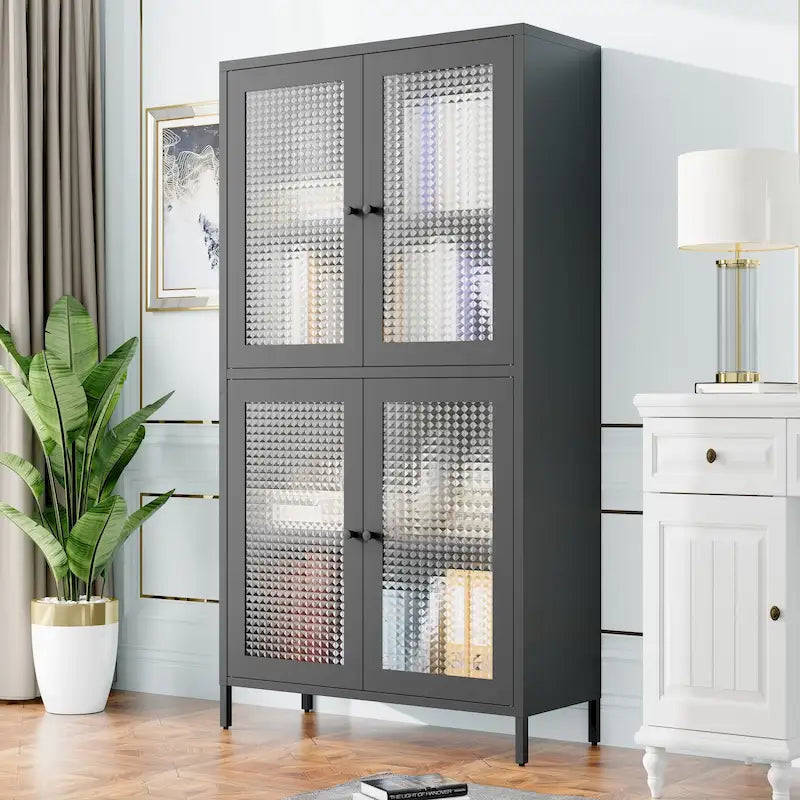 Metal Storage Cabinet with 4 Glass Doors and Adjustable Shelves