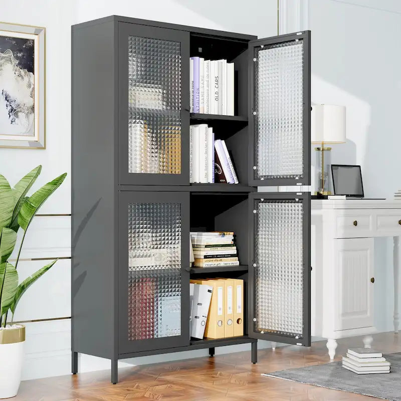 Metal Storage Cabinet with 4 Glass Doors and Adjustable Shelves