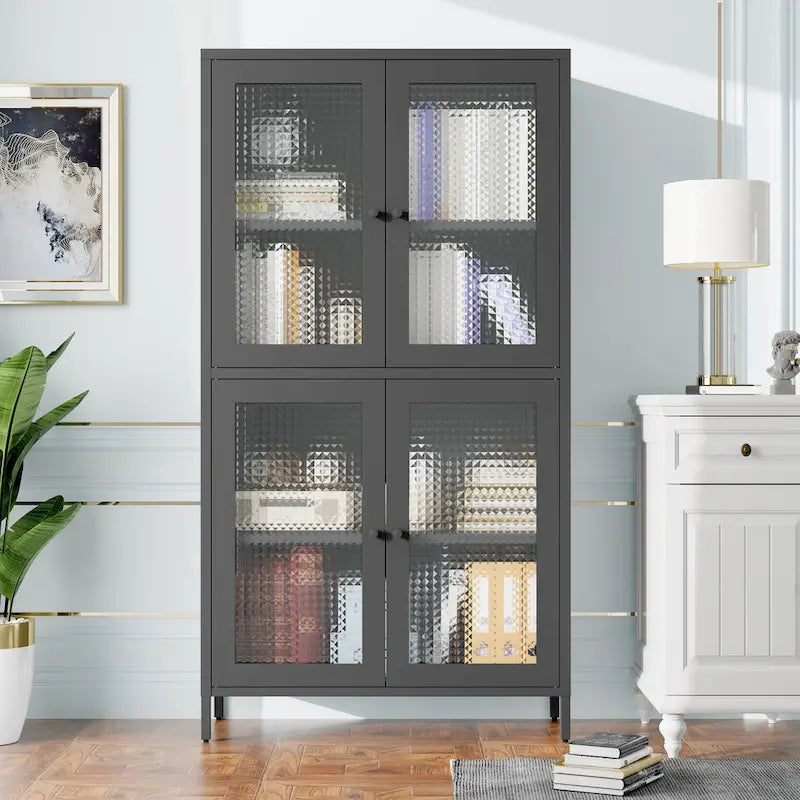 Metal Storage Cabinet with 4 Glass Doors and Adjustable Shelves