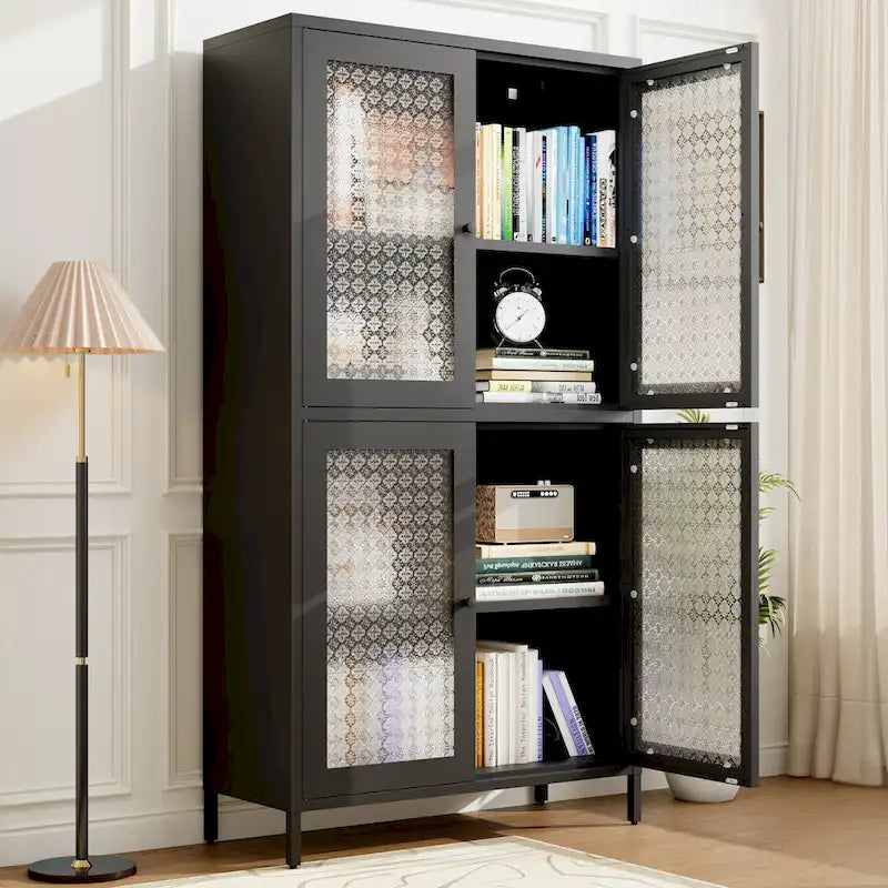 Metal Storage Cabinet with 4 Glass Doors and Adjustable Shelves