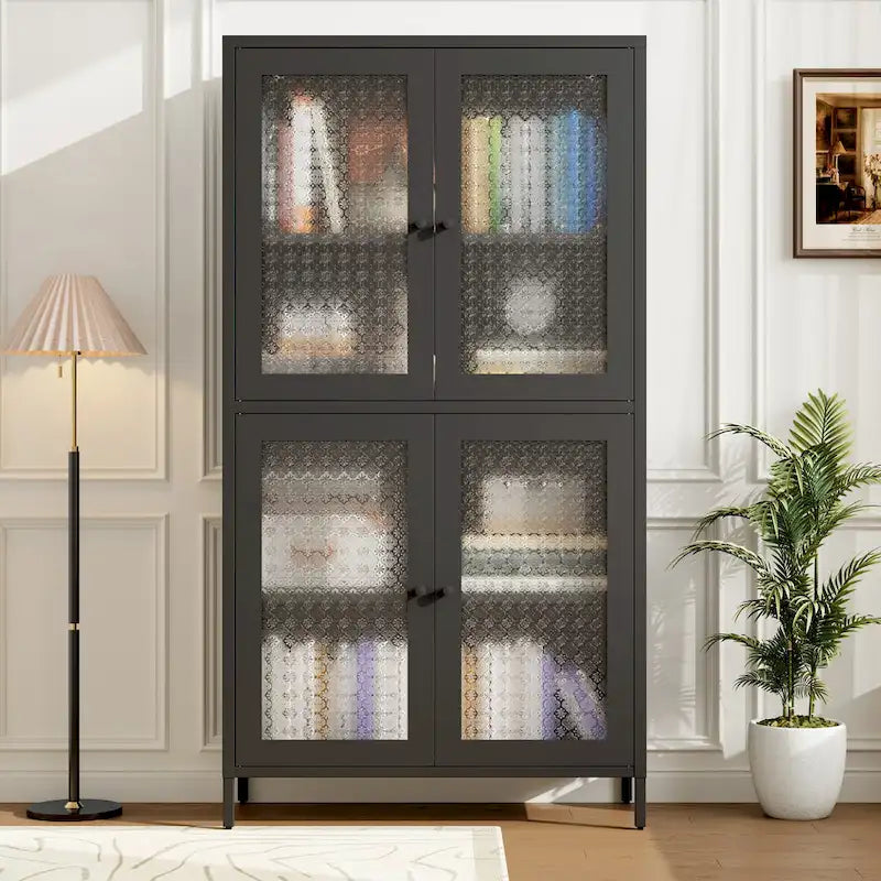 Metal Storage Cabinet with 4 Glass Doors and Adjustable Shelves