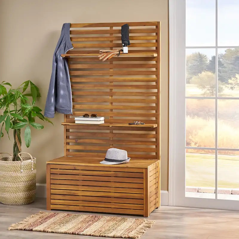 Acacia Wood Entryway Storage Bench with Rack