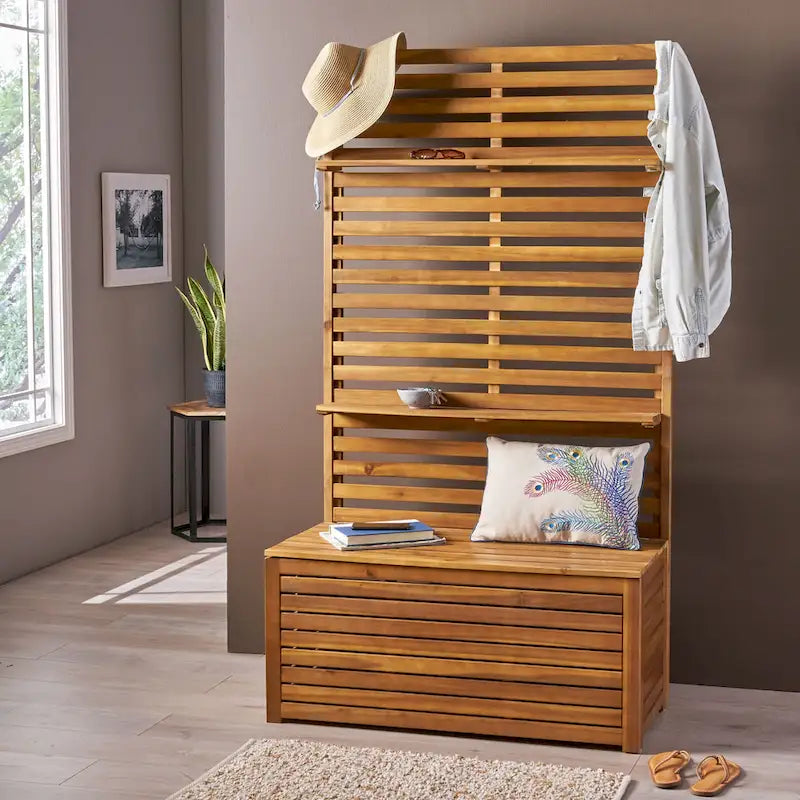 Acacia Wood Entryway Storage Bench with Rack