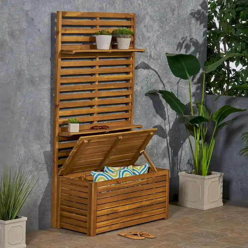 Acacia Wood Entryway Storage Bench with Rack