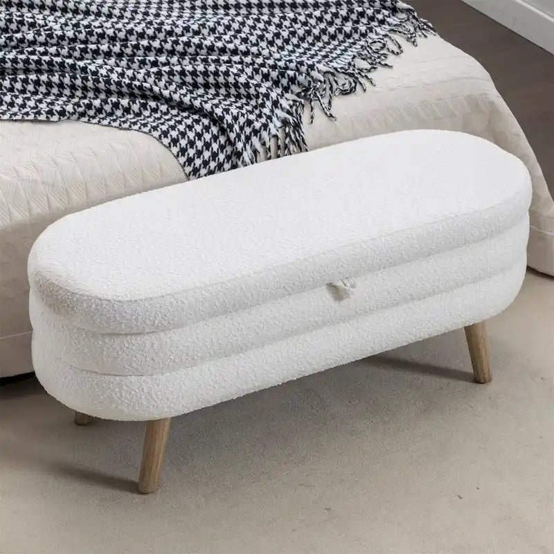 Tufted Boucle Storage Bench with Wood Legs