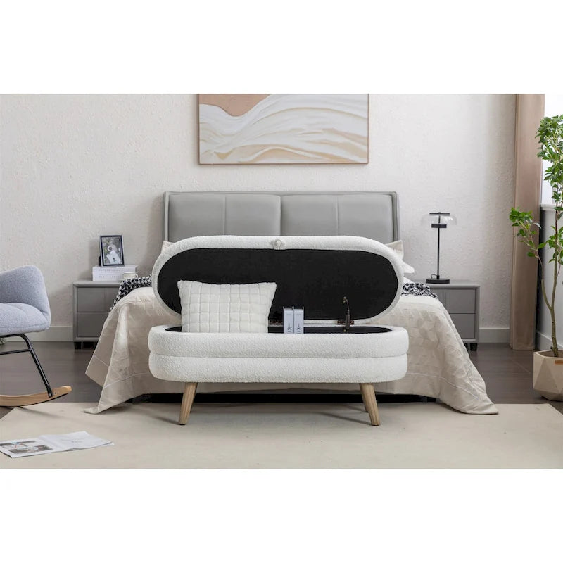 Tufted Boucle Storage Bench with Wood Legs