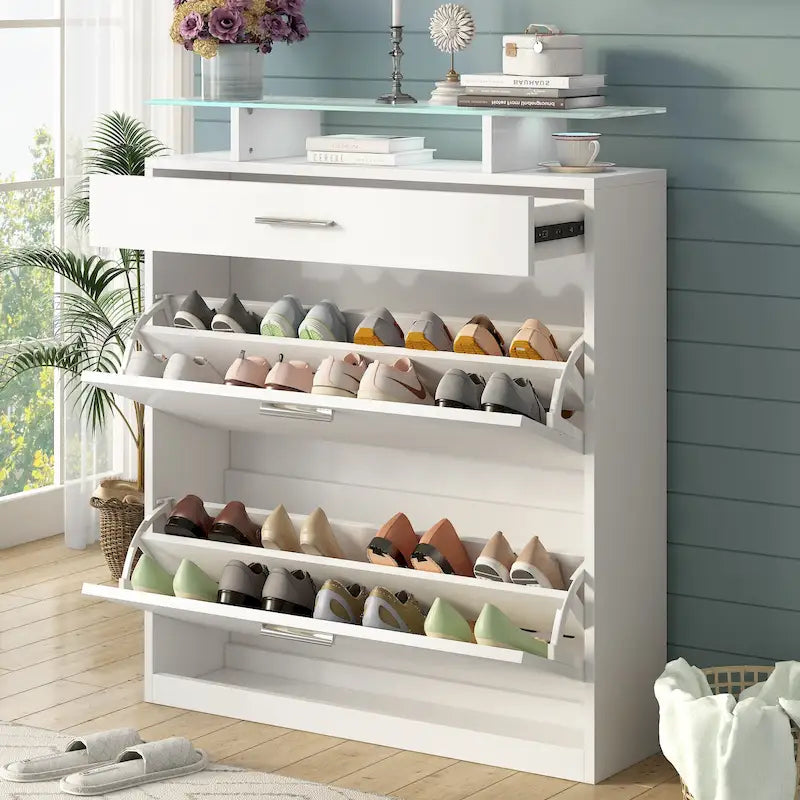 Slim Shoe Storage Cabinet with 2 Flip Drawers and Glass Top