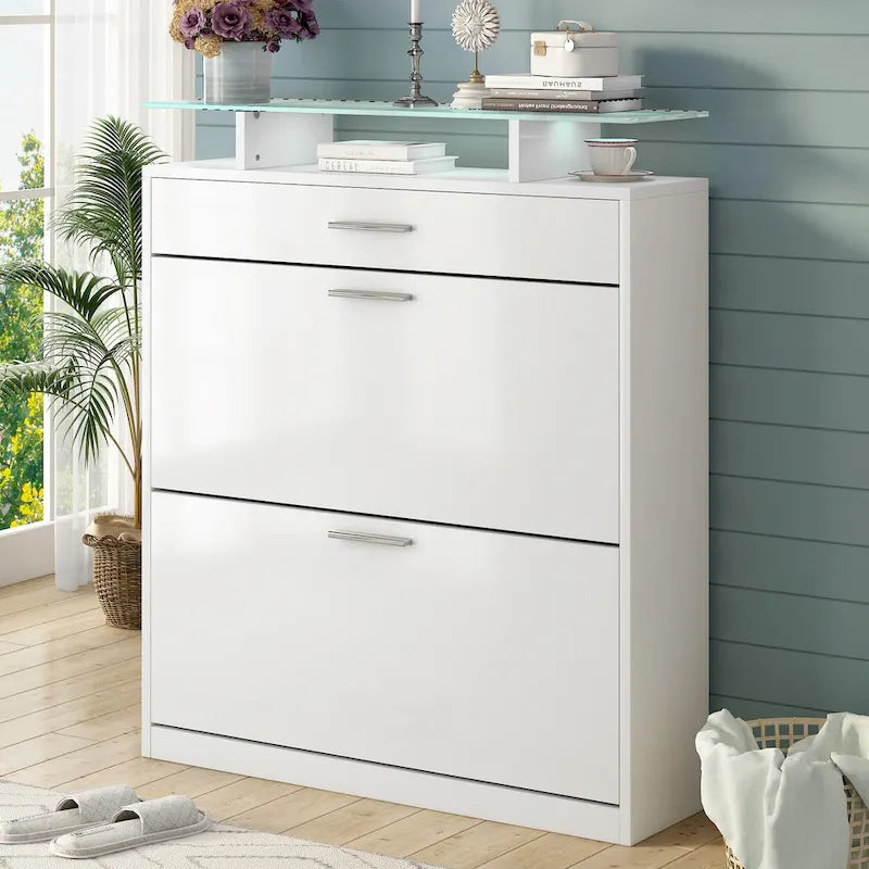 Slim Shoe Storage Cabinet with 2 Flip Drawers and Glass Top