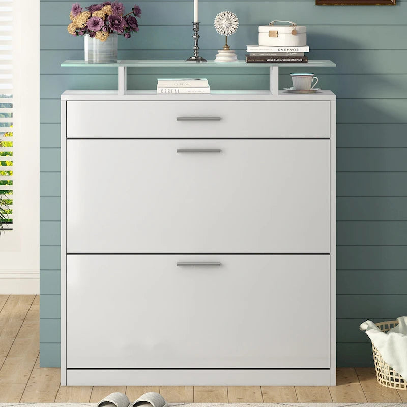 Slim Shoe Storage Cabinet with 2 Flip Drawers and Glass Top