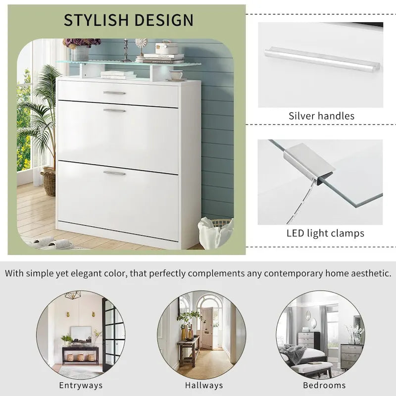 Slim Shoe Storage Cabinet with 2 Flip Drawers and Glass Top