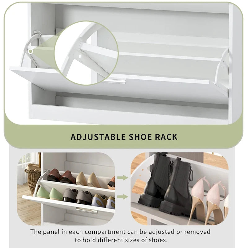 Slim Shoe Storage Cabinet with 2 Flip Drawers and Glass Top
