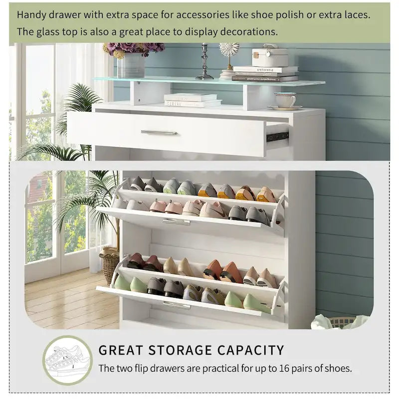 Slim Shoe Storage Cabinet with 2 Flip Drawers and Glass Top