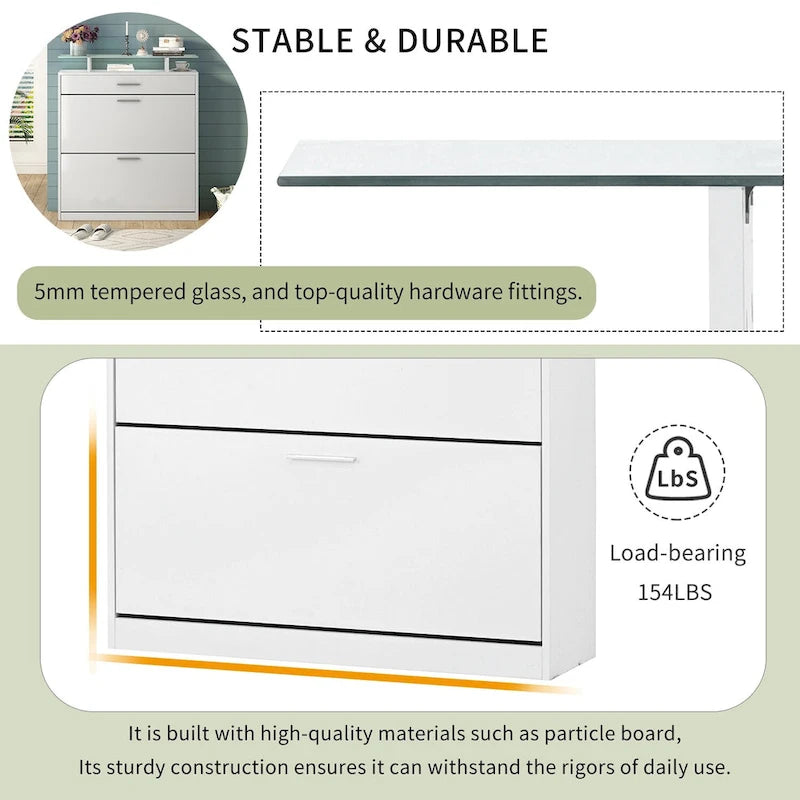 Slim Shoe Storage Cabinet with 2 Flip Drawers and Glass Top