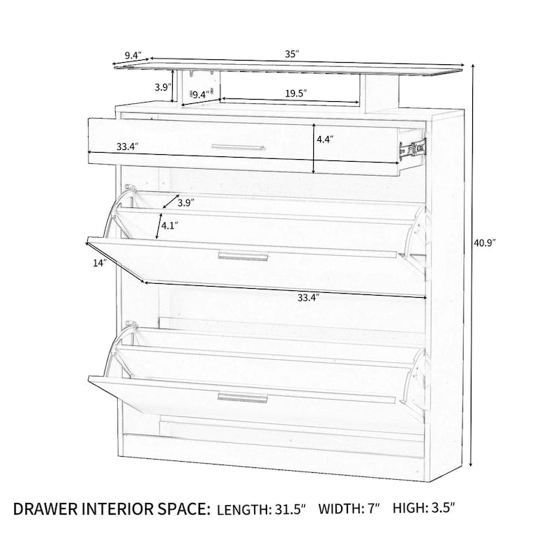 Slim Shoe Storage Cabinet with 2 Flip Drawers and Glass Top
