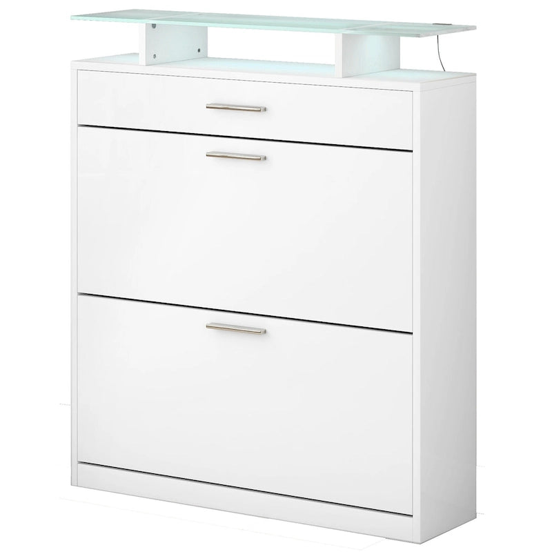 Slim Shoe Storage Cabinet with 2 Flip Drawers and Glass Top