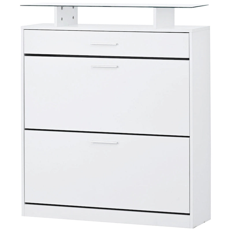 Slim Shoe Storage Cabinet with 2 Flip Drawers and Glass Top