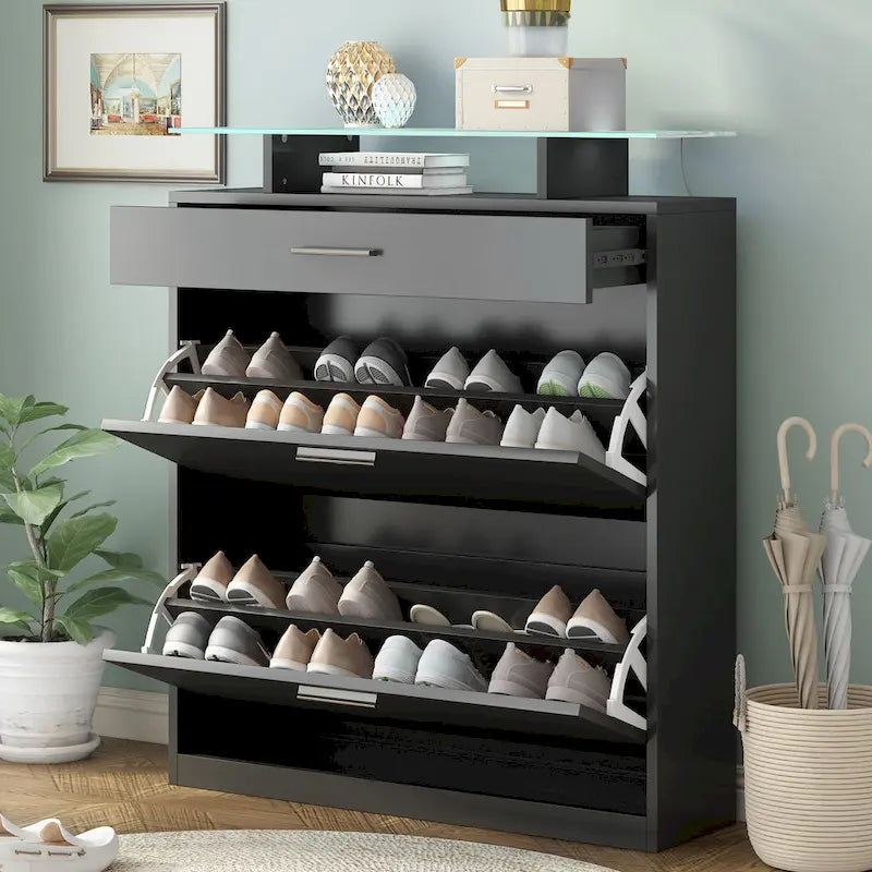 Slim Shoe Storage Cabinet with 2 Flip Drawers and Glass Top