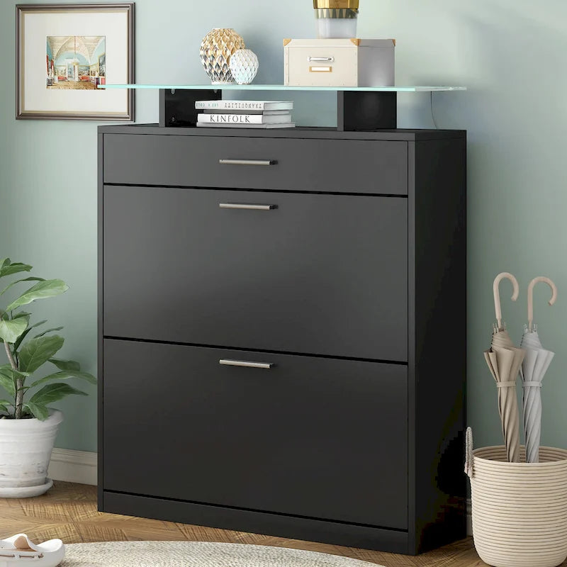Slim Shoe Storage Cabinet with 2 Flip Drawers and Glass Top