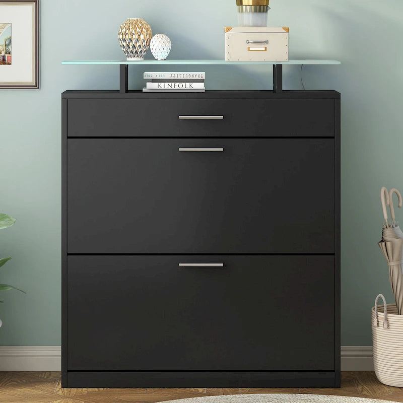 Slim Shoe Storage Cabinet with 2 Flip Drawers and Glass Top