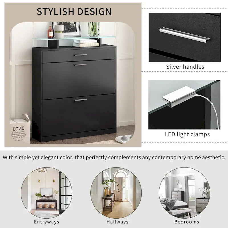 Slim Shoe Storage Cabinet with 2 Flip Drawers and Glass Top