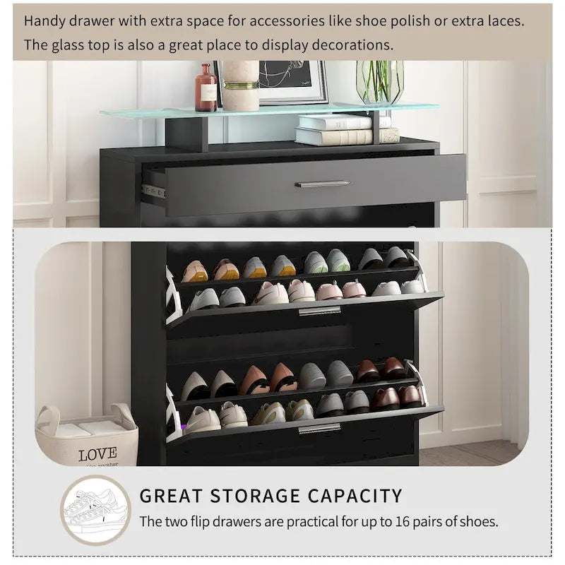 Slim Shoe Storage Cabinet with 2 Flip Drawers and Glass Top