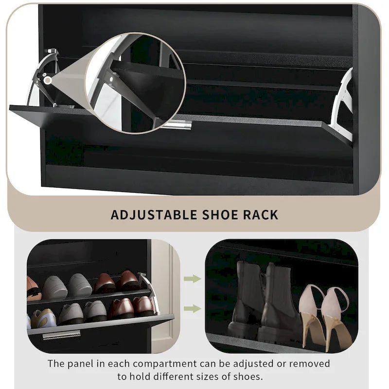 Slim Shoe Storage Cabinet with 2 Flip Drawers and Glass Top