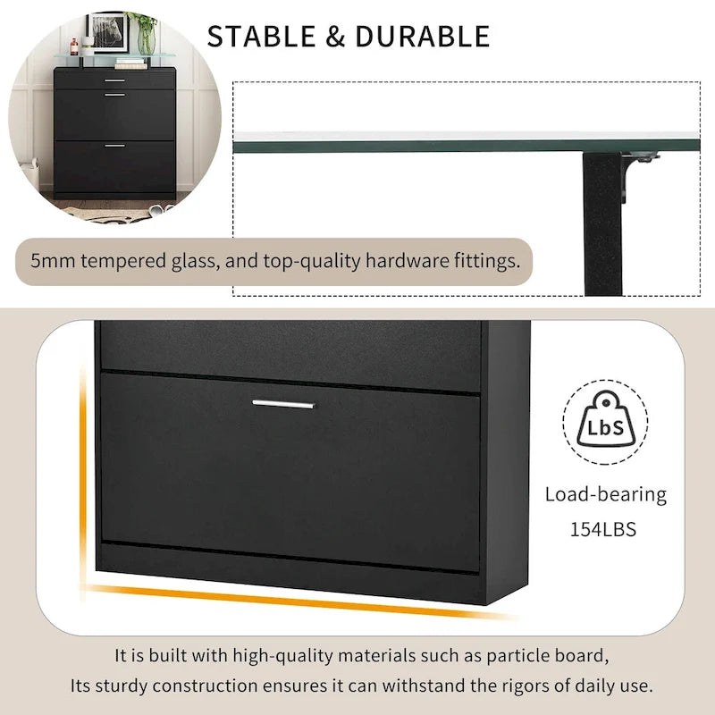 Slim Shoe Storage Cabinet with 2 Flip Drawers and Glass Top