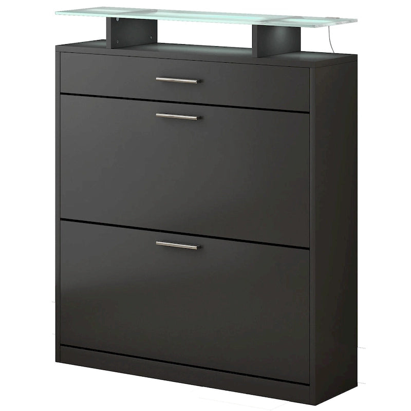 Slim Shoe Storage Cabinet with 2 Flip Drawers and Glass Top