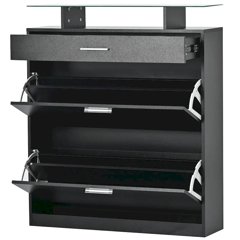 Slim Shoe Storage Cabinet with 2 Flip Drawers and Glass Top
