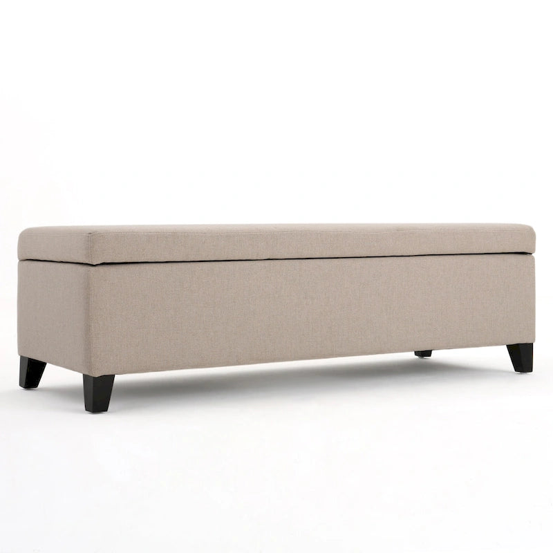 Storage Bench Ottoman, Ivory, 51 Inch Cushioned Seat, Birch Wood Legs