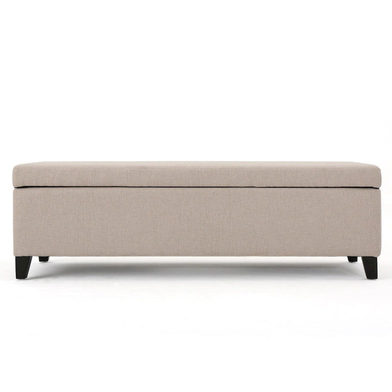 Ivory Upholstered Storage Ottoman Bench with Birch Wood Legs