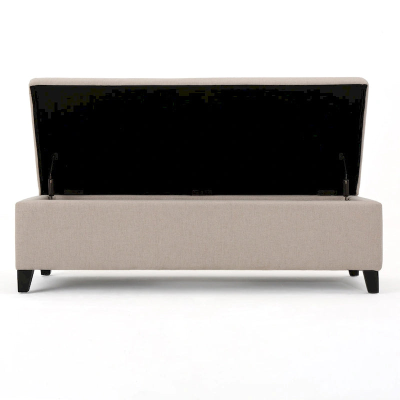 Ivory Upholstered Storage Ottoman Bench with Birch Wood Legs