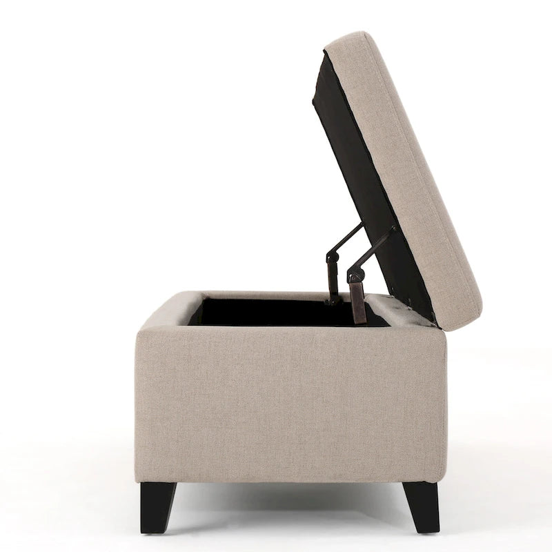 Ivory Upholstered Storage Ottoman Bench with Birch Wood Legs