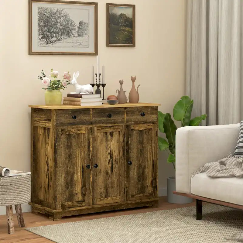 Modern Storage Cabinet with Rubberwood Top, 3 Drawers and Adjustable Shelf