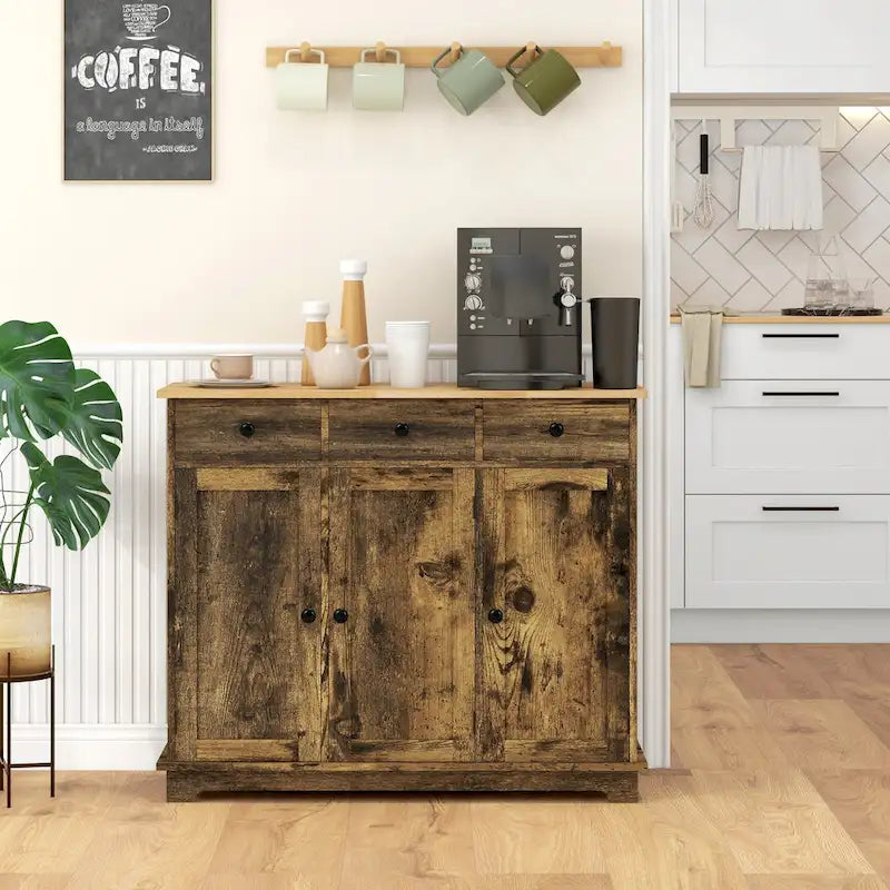 Modern Storage Cabinet with Rubberwood Top, 3 Drawers and Adjustable Shelf