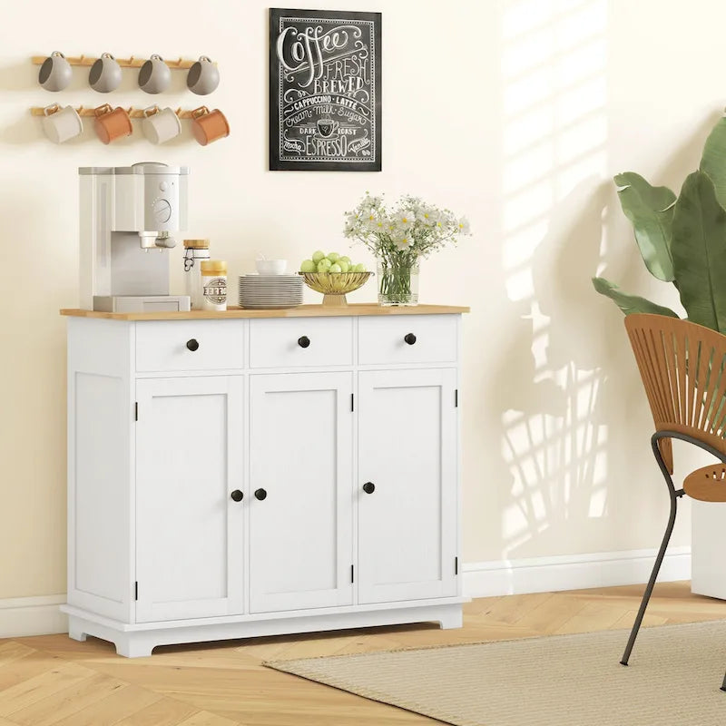 Modern Storage Cabinet with Rubberwood Top, 3 Drawers and Adjustable Shelf