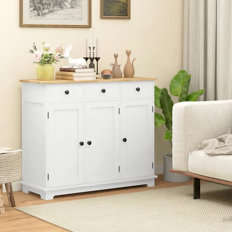 Modern Storage Cabinet with Rubberwood Top, 3 Drawers and Adjustable Shelf