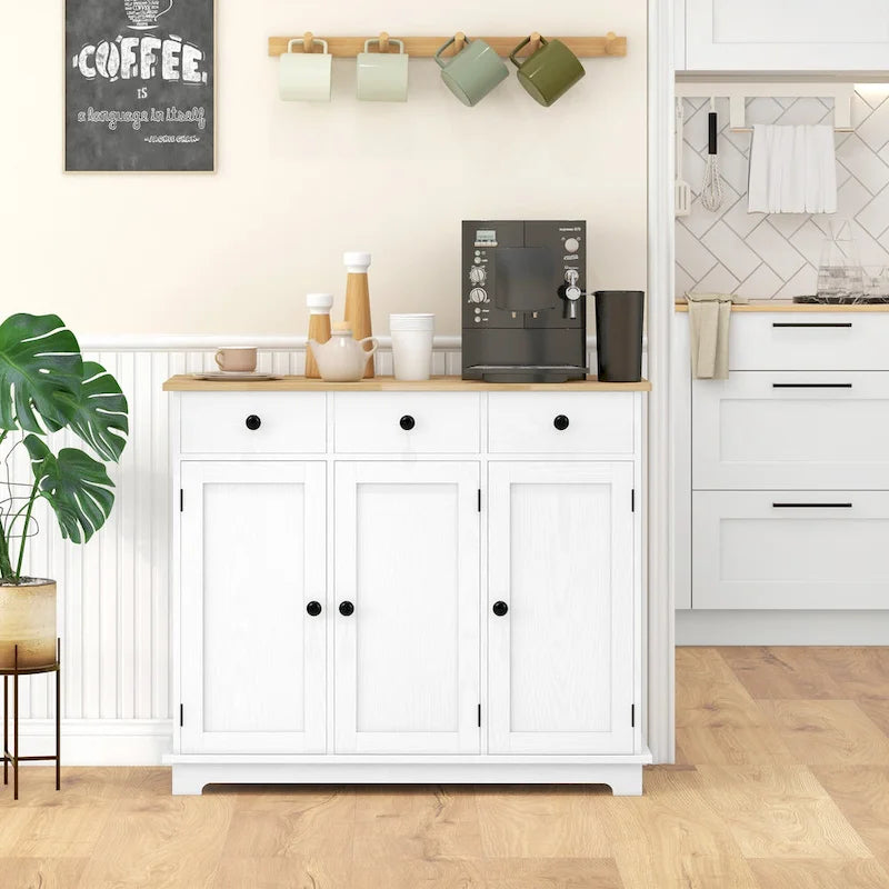 Modern Storage Cabinet with Rubberwood Top, 3 Drawers and Adjustable Shelf