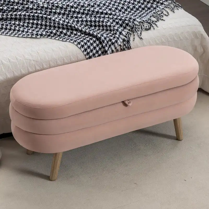 Velvet Upholstered Storage Bench with Wooden Legs
