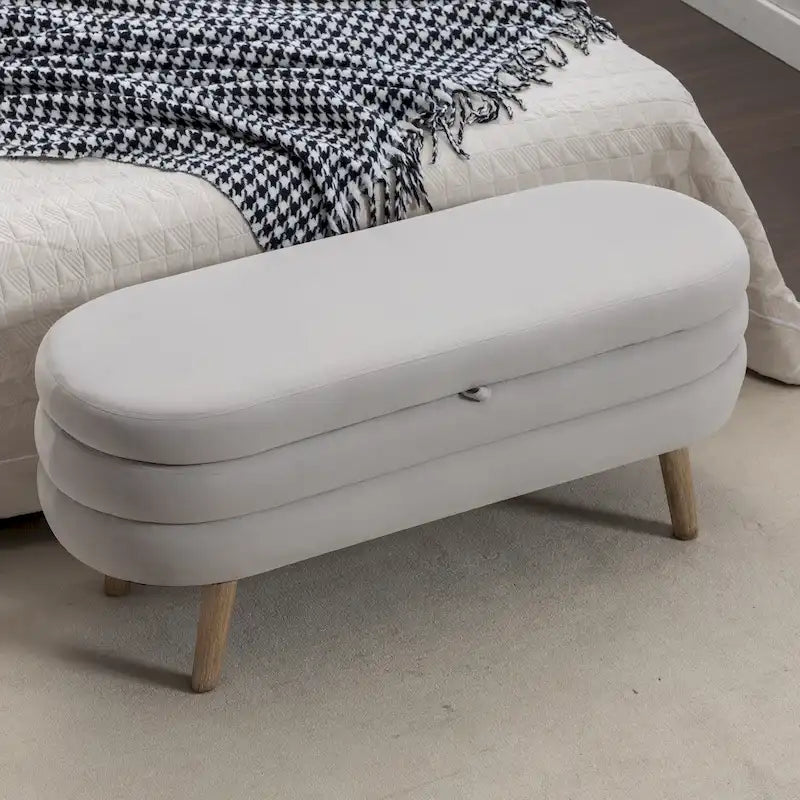 Velvet Upholstered Storage Bench with Wooden Legs