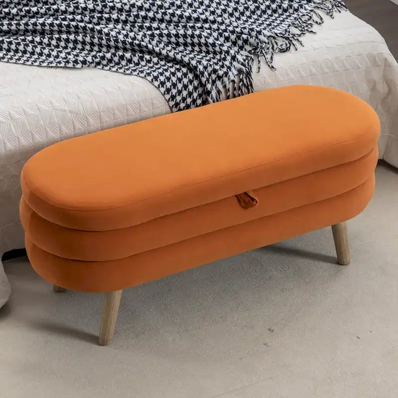 Velvet Upholstered Storage Bench with Wooden Legs