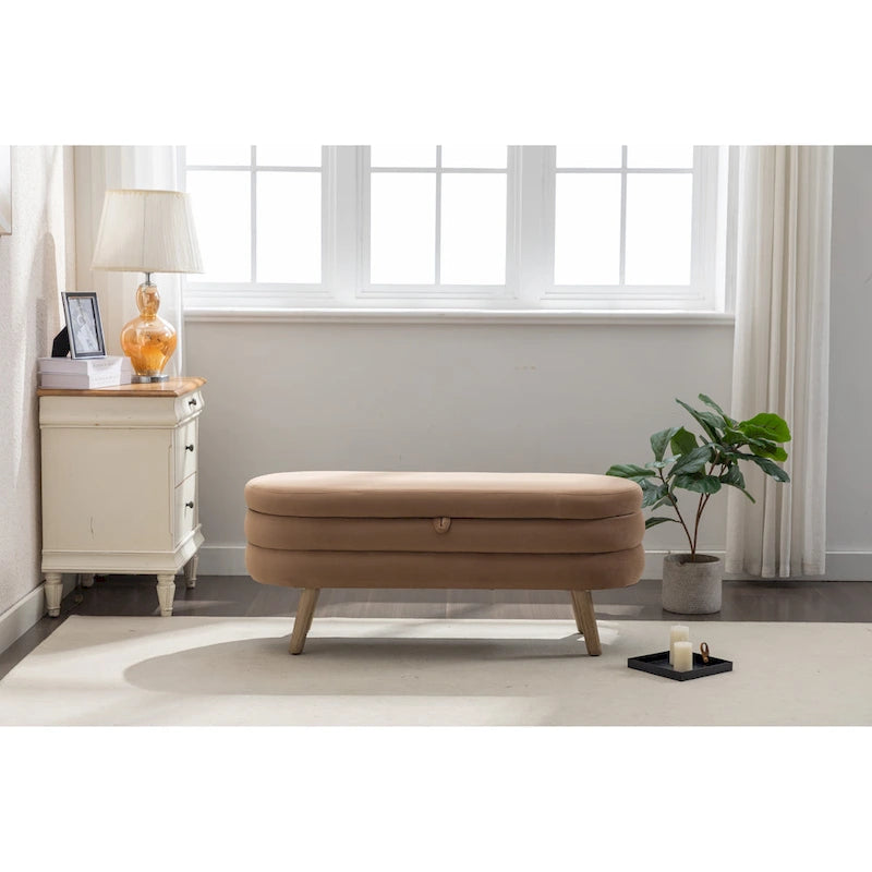 Velvet Upholstered Storage Bench with Wooden Legs