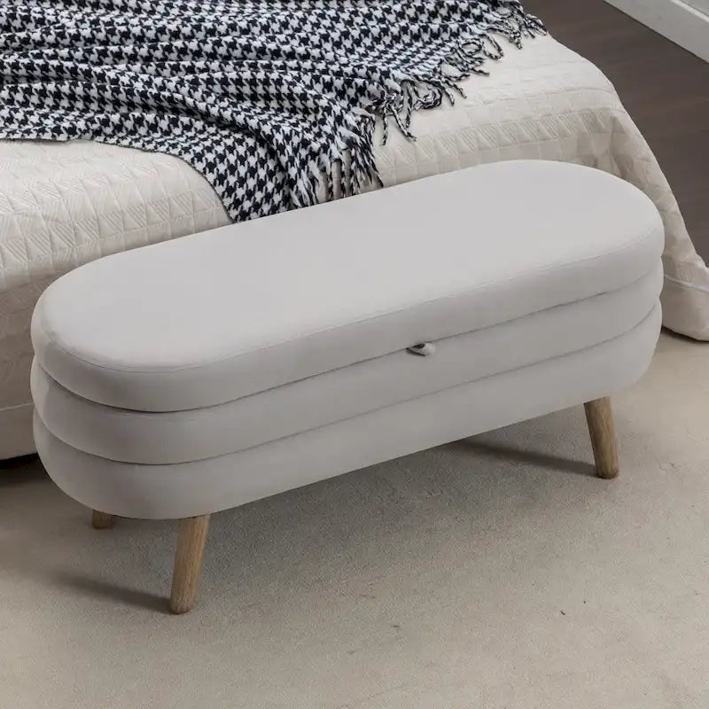 Velvet Upholstered Storage Bench with Wooden Legs