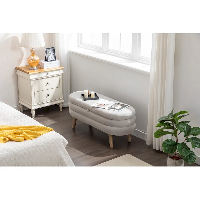 Velvet Upholstered Storage Bench with Wooden Legs