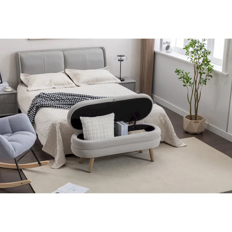 Velvet Upholstered Storage Bench with Wooden Legs