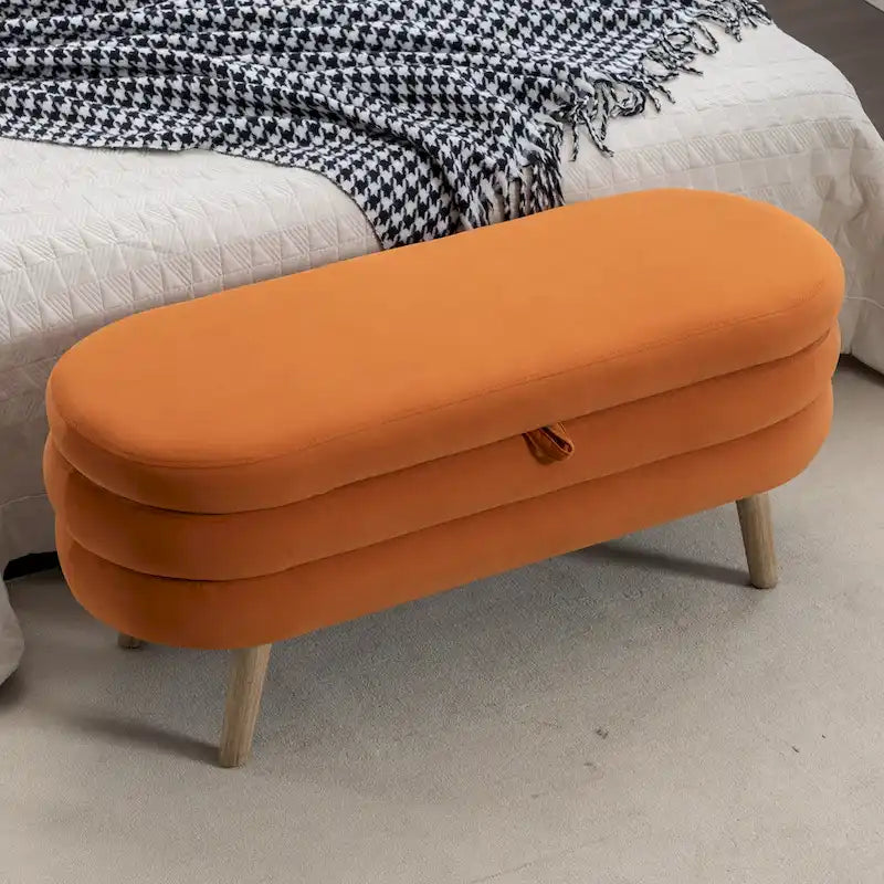 Velvet Upholstered Storage Bench with Wooden Legs