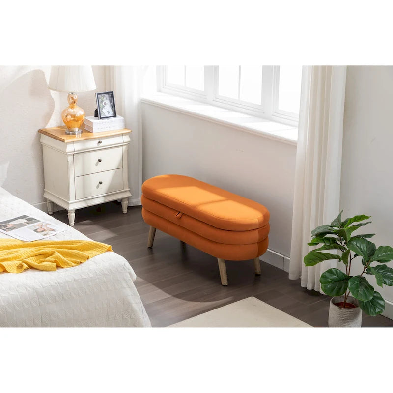 Velvet Upholstered Storage Bench with Wooden Legs