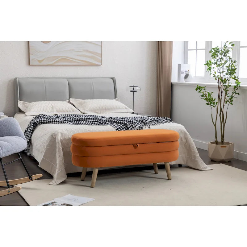 Velvet Upholstered Storage Bench with Wooden Legs