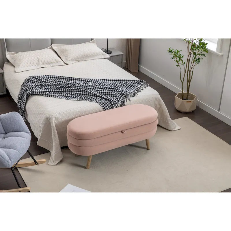 Velvet Upholstered Storage Bench with Wooden Legs