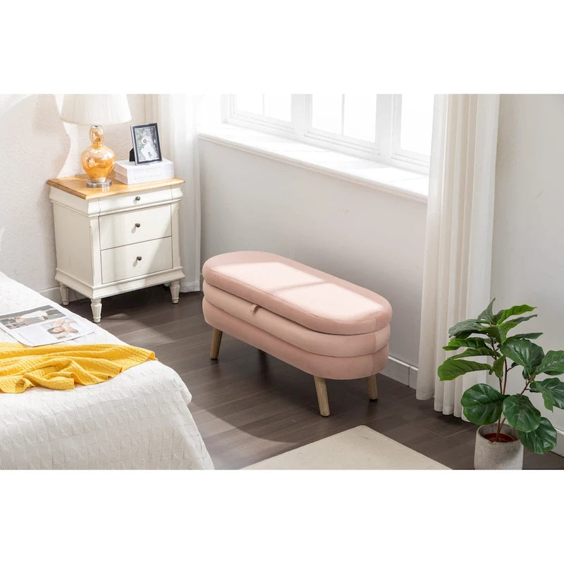 Velvet Upholstered Storage Bench with Wooden Legs
